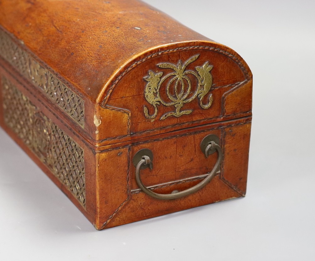 A Chinese leather covered scroll case, 52 cm wide